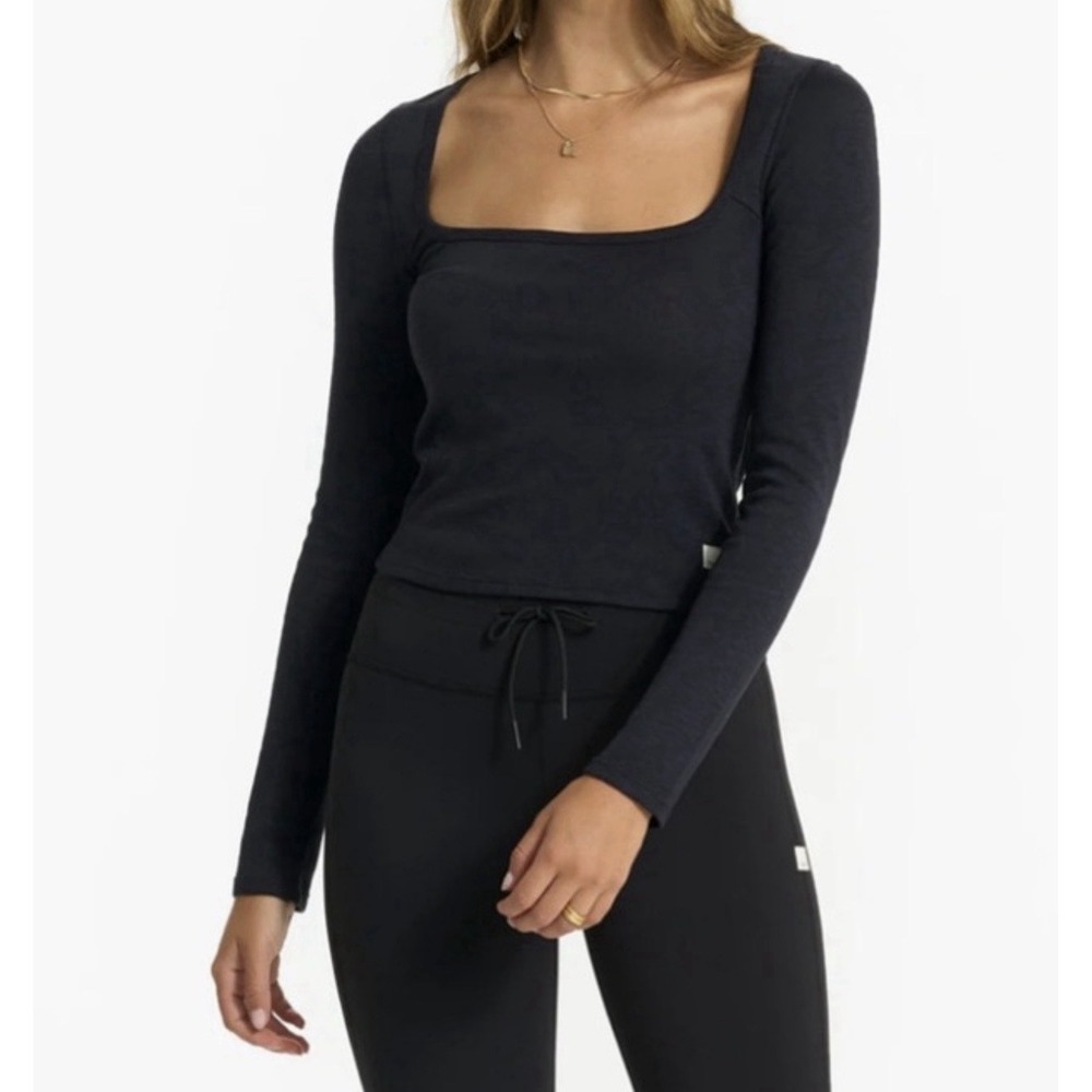 Vuori Sunrise Square Neck Long Sleeve Crop Top Small Charcoal Grey Ribbed VW1076